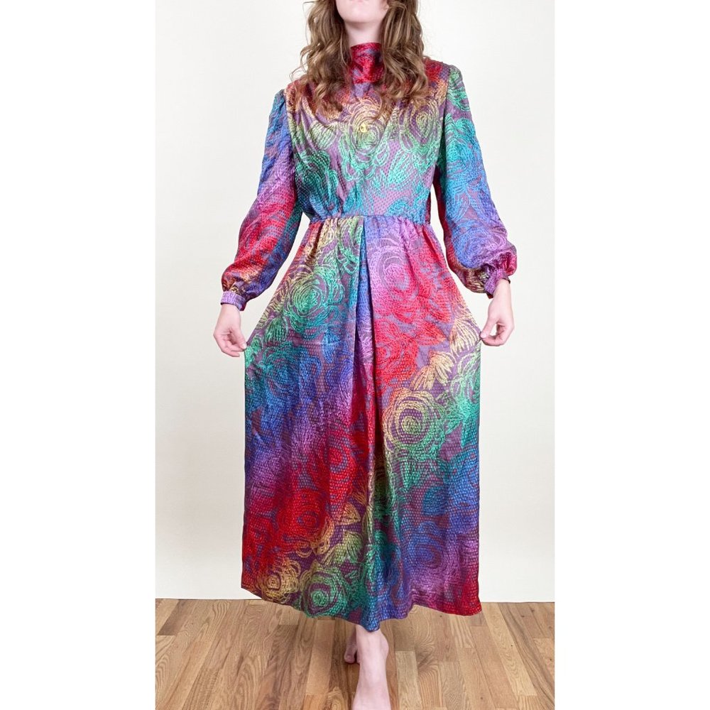 Vintage 100% Silk 70s Evening Gown Maxi Dress Formal Goddess Draped Floral Fancy - Picture 3 of 7